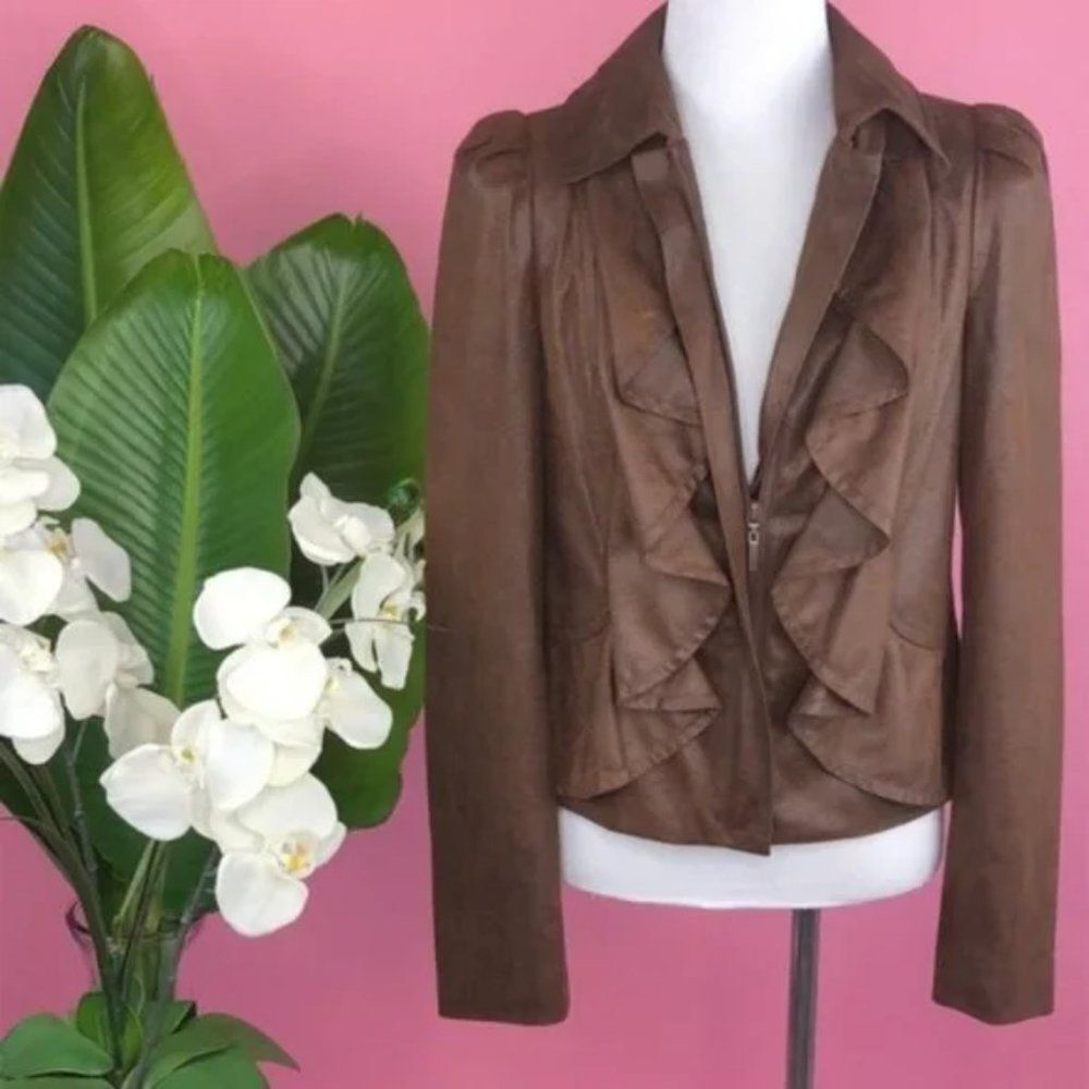 INC International Concepts Brown Ruffle Feminine Zip Up Jacket NWOT